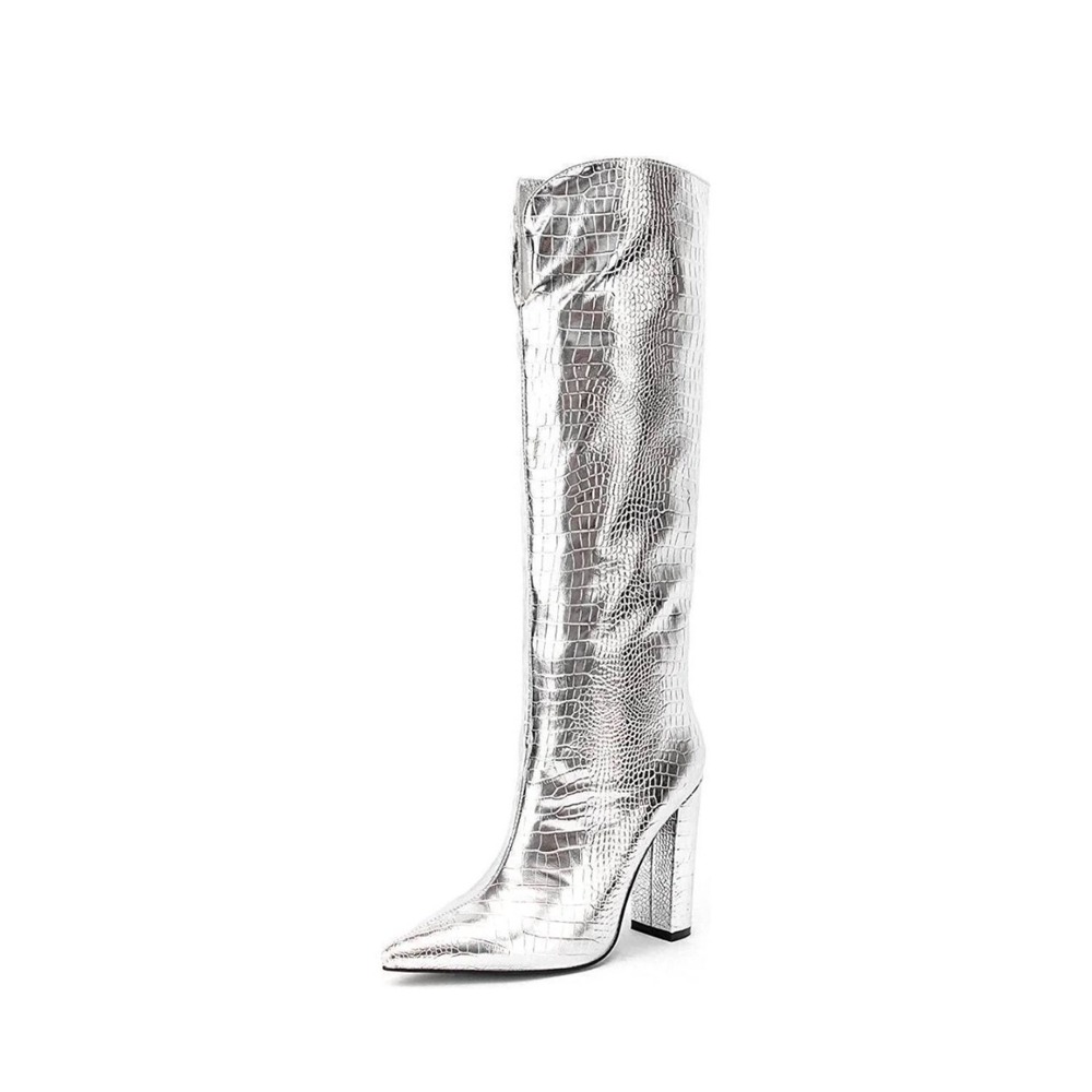 Metallic Silver Croc Embossed Knee High Boots Pointed Toe Block Heel Size 38 8.5